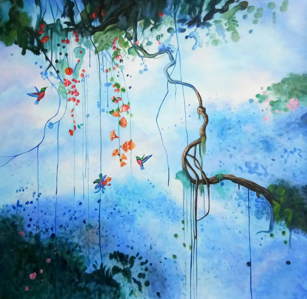 Blue scenery with flowers and birds painting