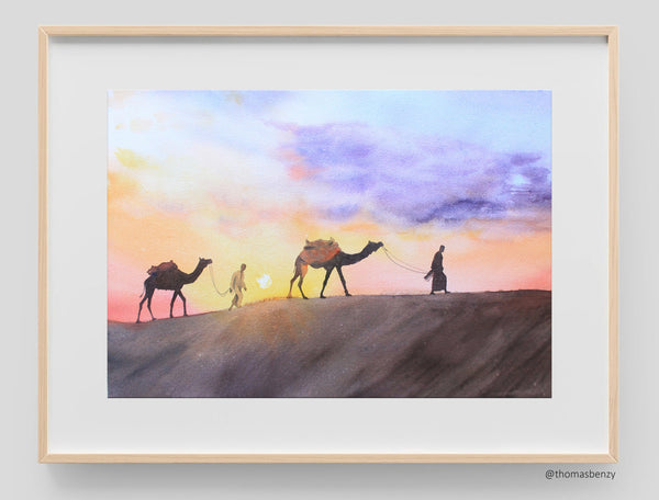 Desert sunset landscape with 2 camels