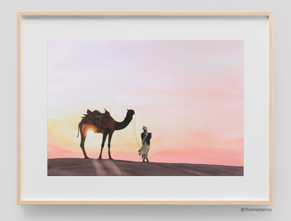 Desert sunset landscape with camel