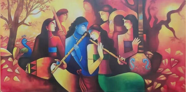 Lord Krishna playing flute with Gopis