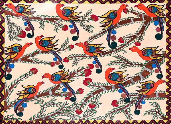 Madhuani Painting of colorful Long Tail Birds