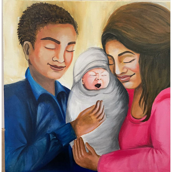 Emotional mother father new born baby painting portrait