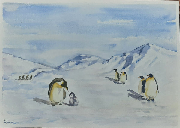 Emperor penguins in Antarctica in watercolor