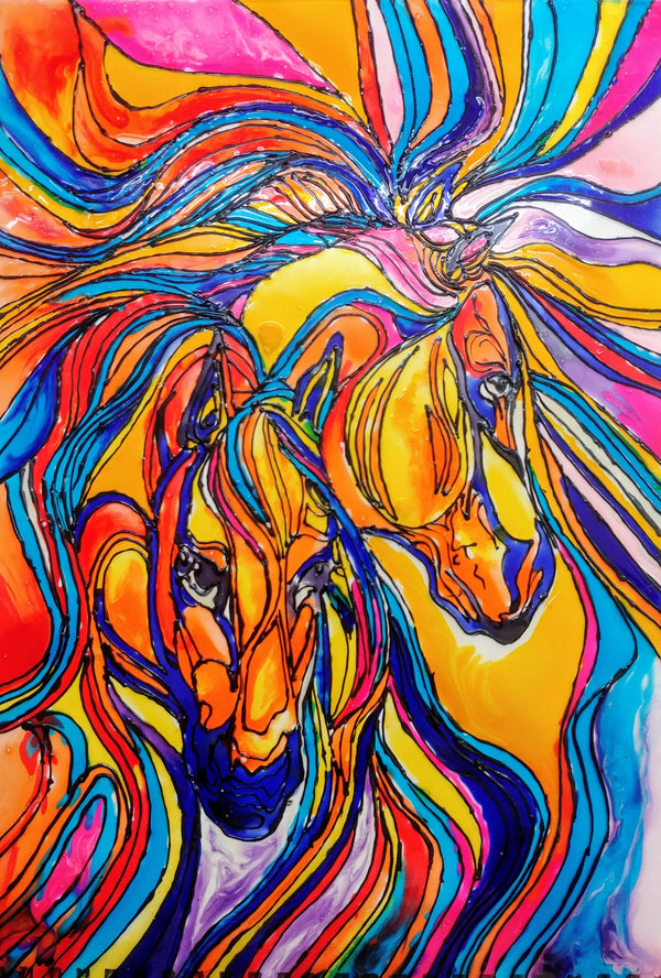 Glass painting of horses