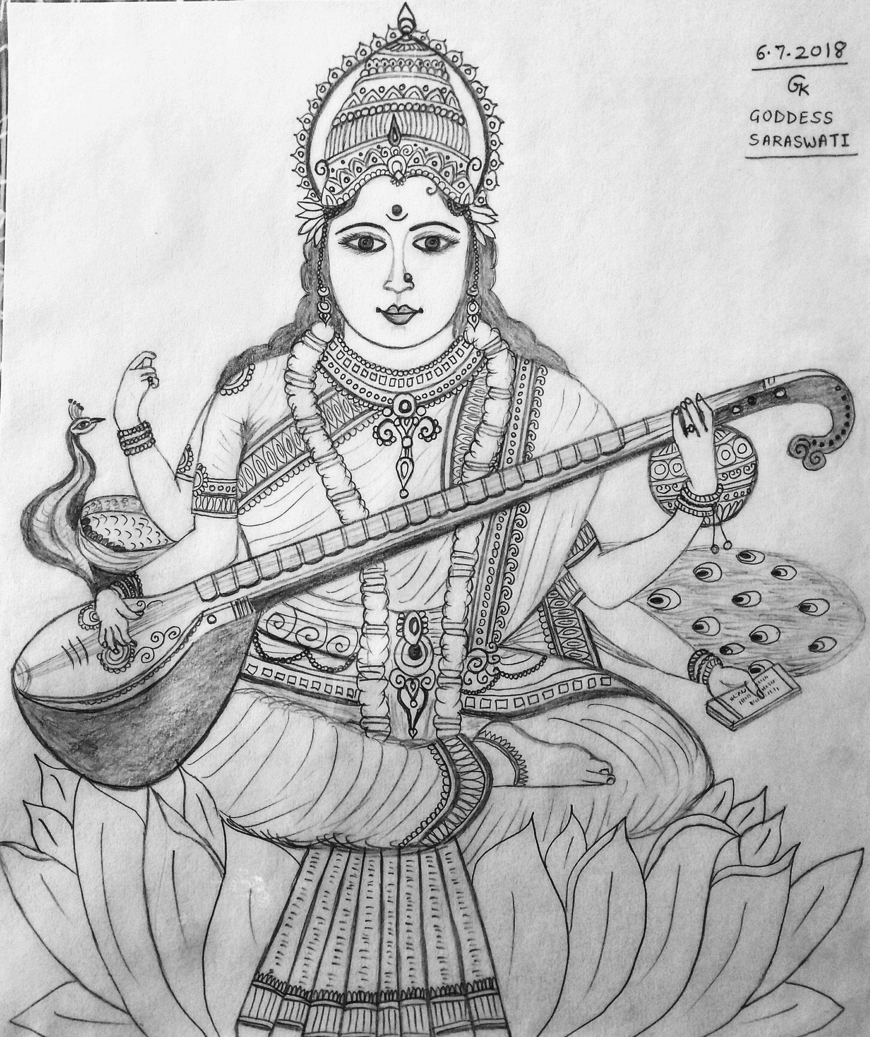 Devi Saraswati Seated on Lotus | Batik Painting | Exotic India Art