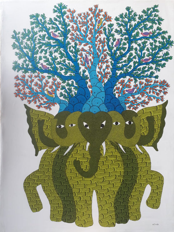 Gond Folk Art Canvas Indian Handmade Painting Animal Jungle Elephant Elephants Tree