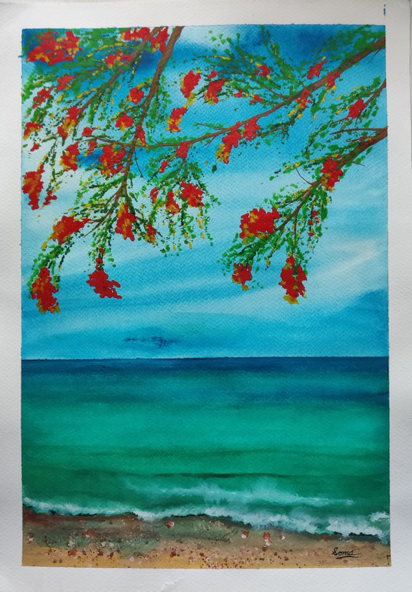 Gulmohar on the Seashore | Handmade Watercolour Painting on 300 GSM Paper