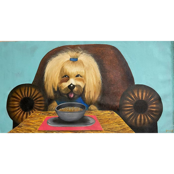 Happy shitzu breed dog eating noodles pampered lux popular
