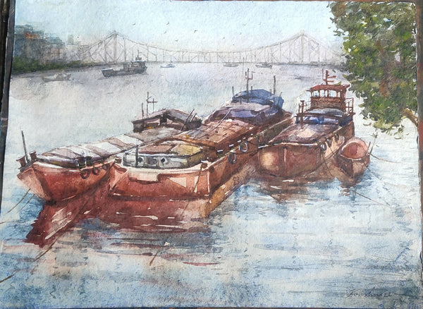 Kolkata Howrah bridge and Boats painting