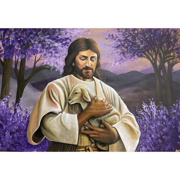 Jesus holding a lamb with landscape background