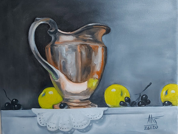 Jug, fruits on table with mat