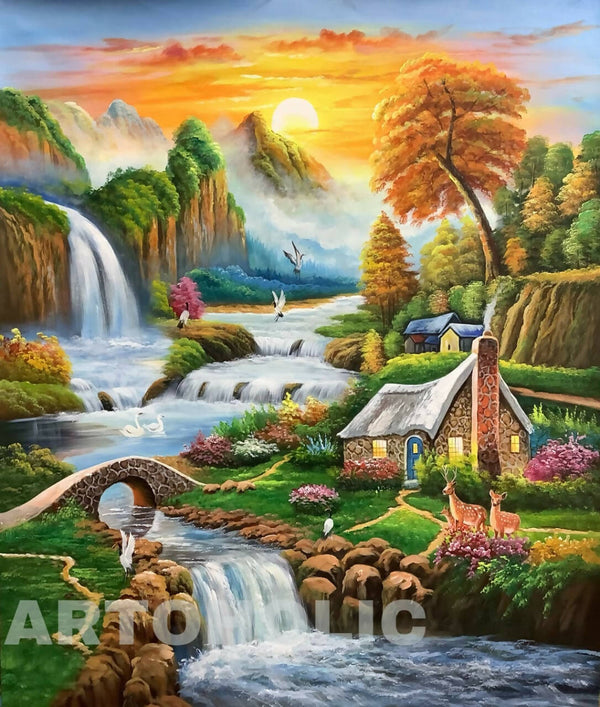 Waterfall mountains scenery painting