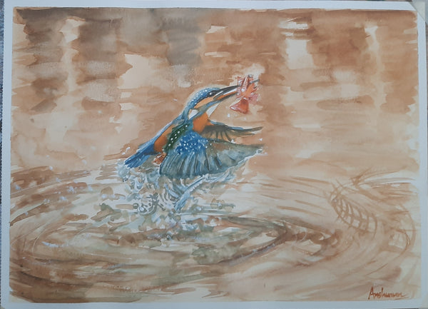 Kingfisher catches a fish in watercolor