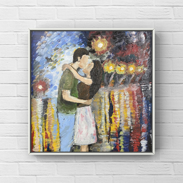 Kiss painting, oil painting of a couple kissing in rain