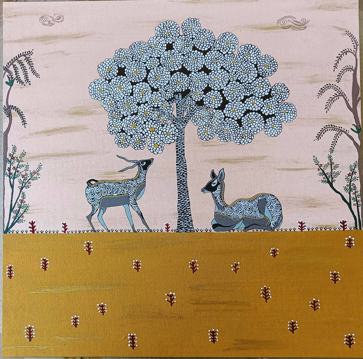 Mrig - Gond painting of deers under tree (18 inch * 18 Inch)
