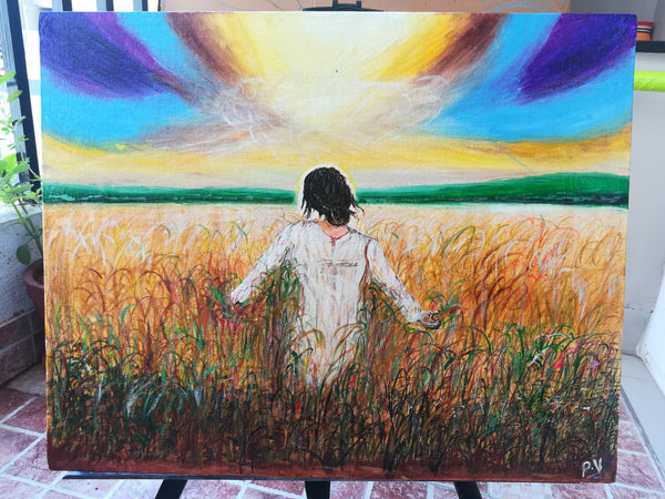 Lady walking in fields
