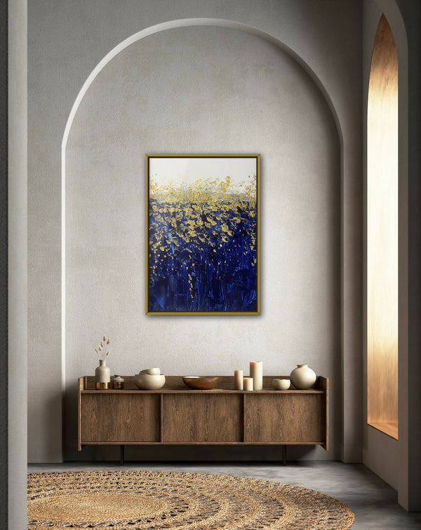 Large A3 Navy Blue & Gold Leaf Handmade Abstract Artwork, Acrylic Canvas Painting, Modern Aesthetic Decor For Living Room, Gold Canvas Art