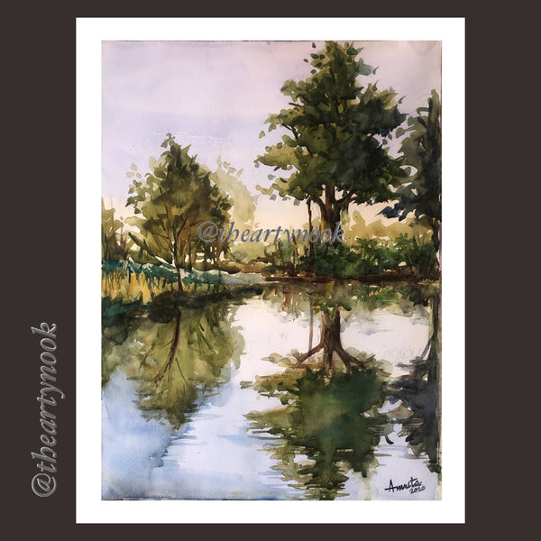 Landscape Water Reflection Scenery Original Watercolor Painting