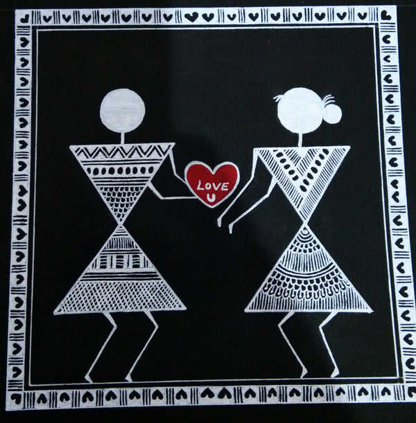 Warli Paintings Love story _ boy gives his heart to girl_4