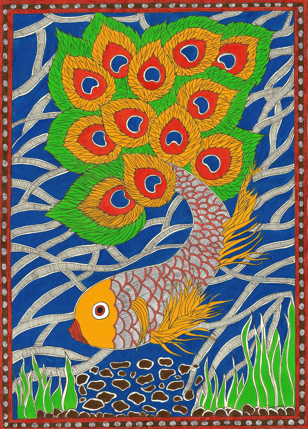 madhubani painting of fish with peacock feathers