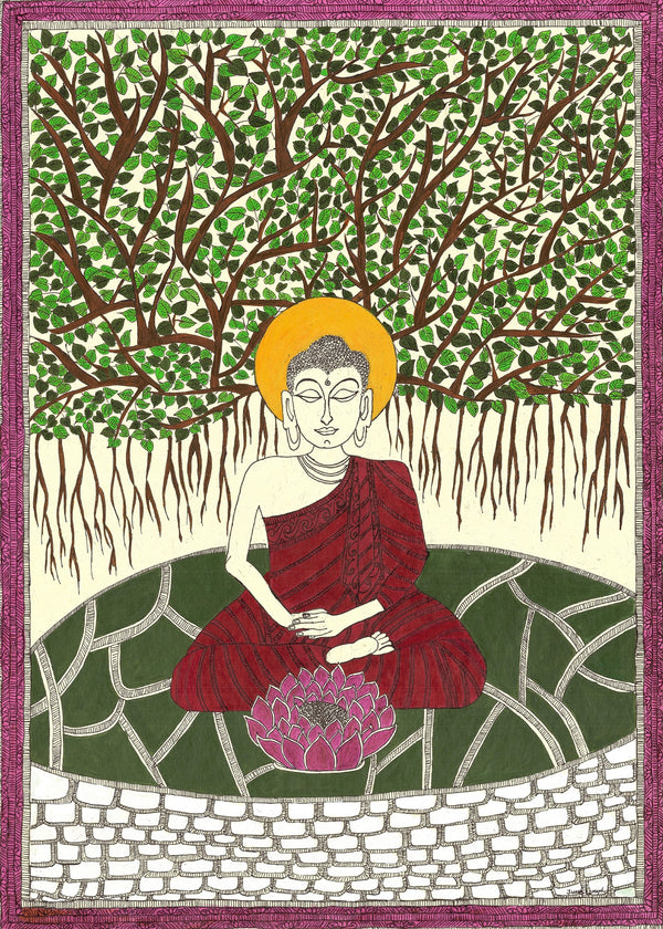 madhubani painting of lord buddha meditating under the banyan tree