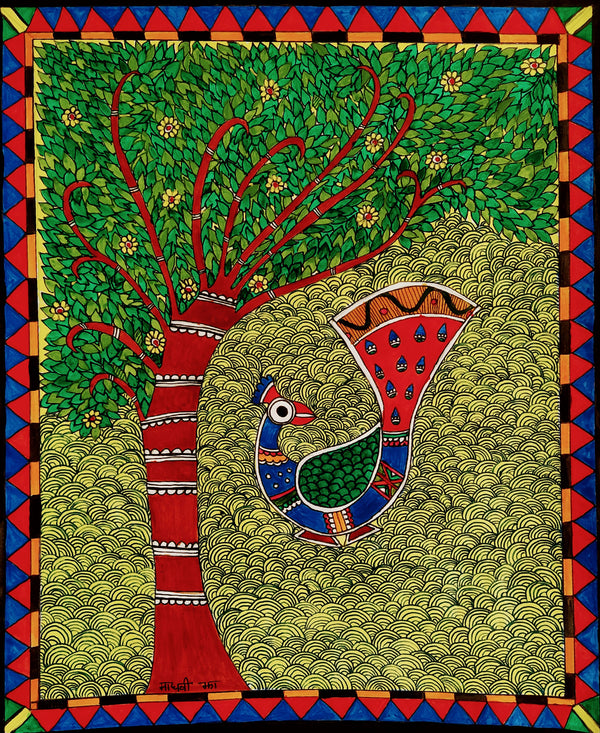 Madhubani Peacock Dancing under Tree
