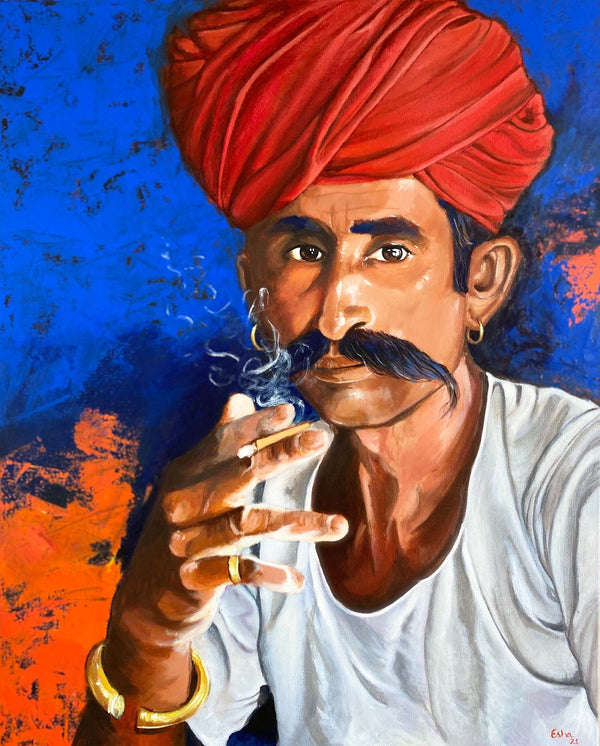Man wearing a red turban smoking