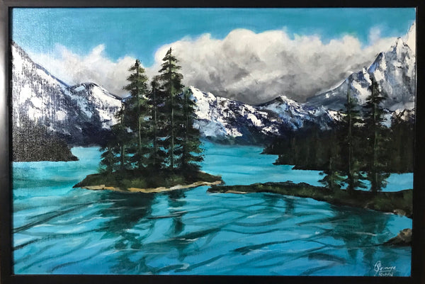 Mountains and lake acrylic painting