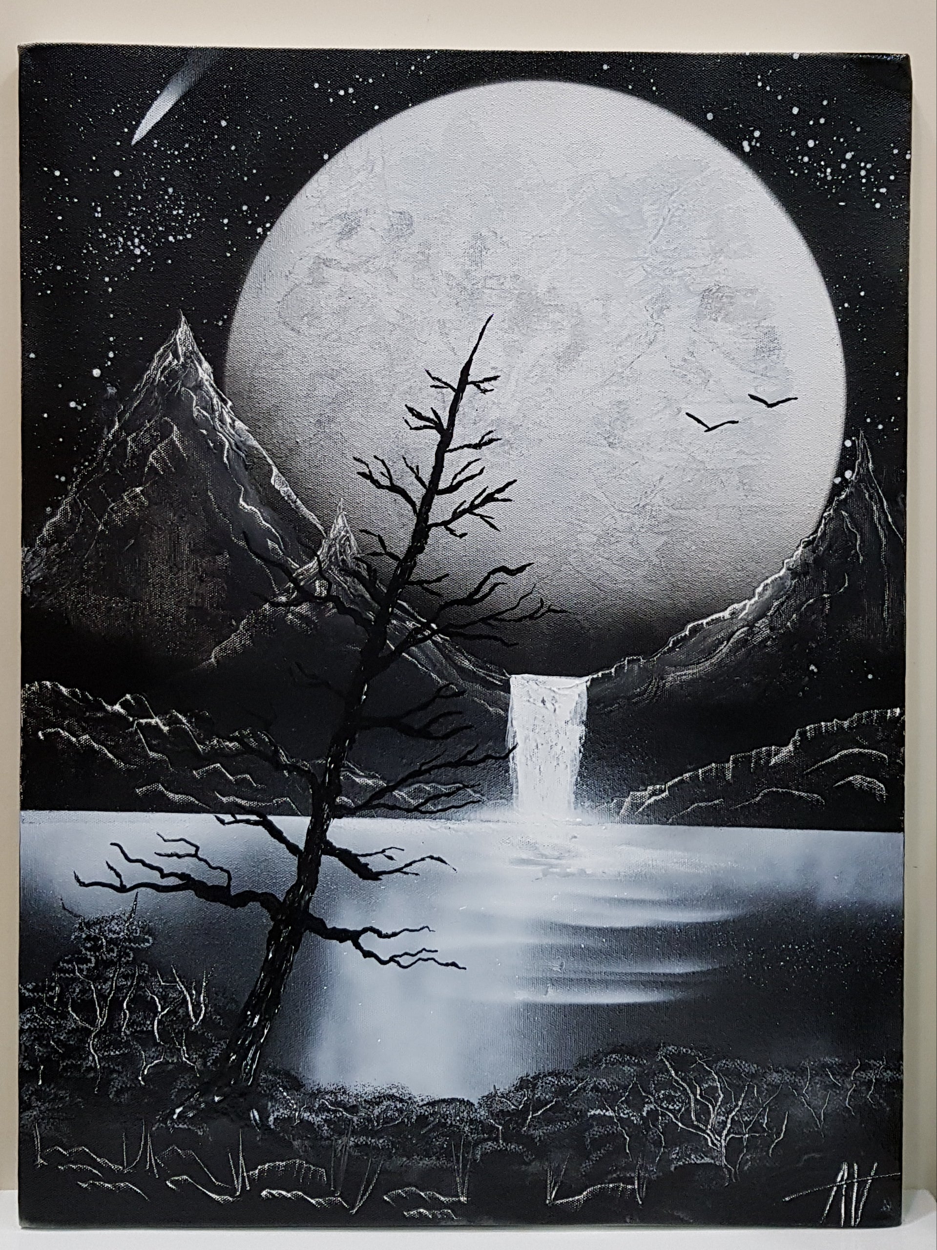 B&W Nature outlets Spray Painting/ Spray Paint Art/ Black and White decor/ Nature Painting/ Moon Art / Home Decor/ Moon Painting/Black and White Art