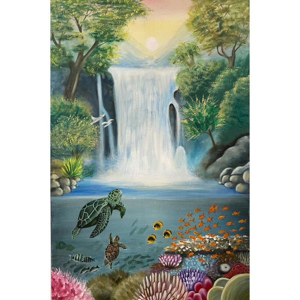 North wall lucky painting - positive elements- waterfall, sunrise , fishes,  mountains, turtles, birds