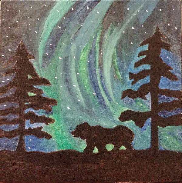 Northern Lights with Starry Night sky and a Polar Bear silhouette