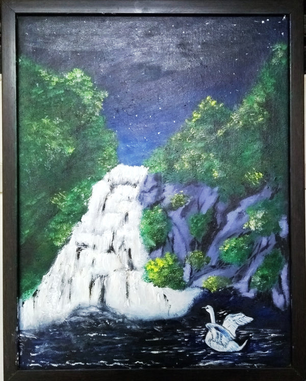 One night with Waterfall...(12*16)'' Canvas Painting