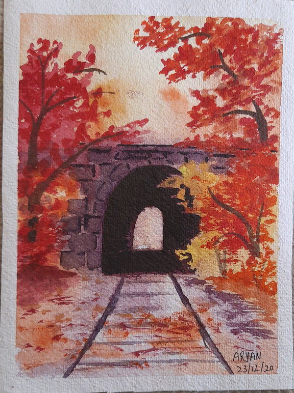 Painting of tunnel in autumn season
