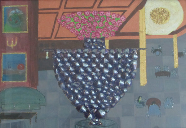 photorealism painting of a flower vase in a elite cafe