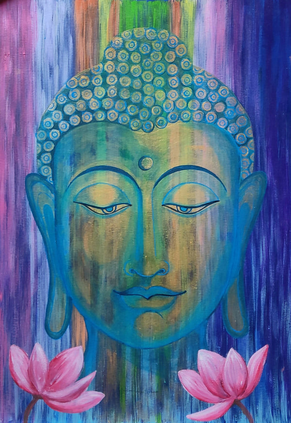 Lotus Reflections: Joyful Buddha Painting with Colored Aura
