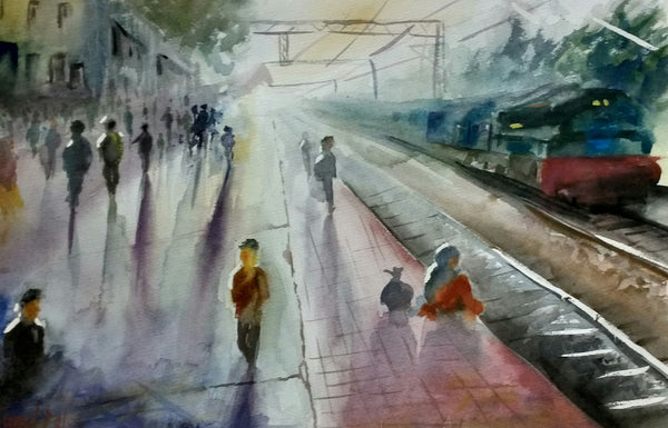 Railway platform in morning.