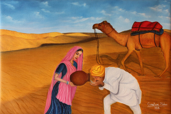 Rajasthani Culture - Woman offering water in desert to a passenger on camel