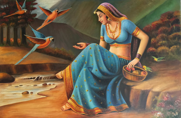 Rajasthani woman with parrots