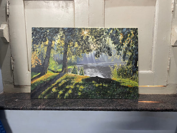 Realistic river side painting with beautiful sun-rays.