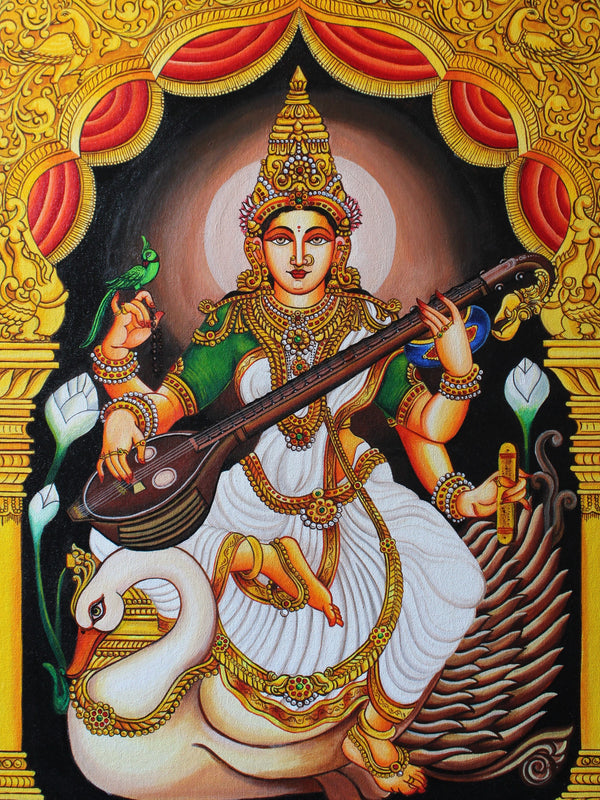 Saraswati Devi detailed handmade painting
