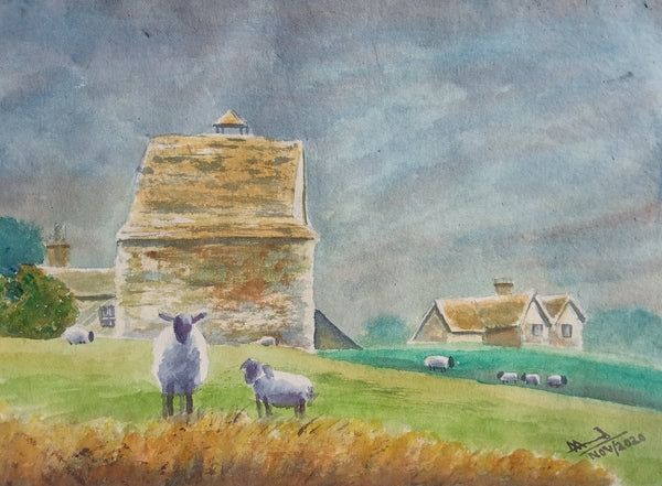 Sheep and Barn
