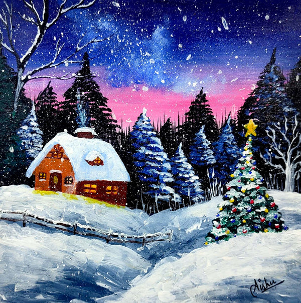 Snowy Winter Landscape with Hut | Acrylic Scenery Painting