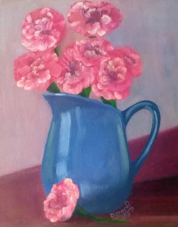 Still life with pink carnations and blue vase