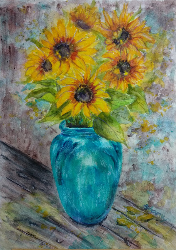 Sunflowers in Blue Vase -  Vangough style