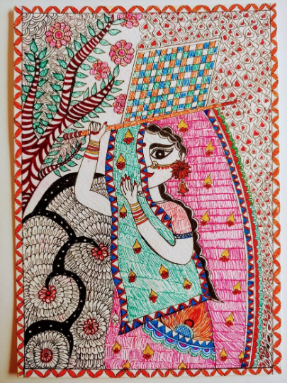 Traditional Madhubani & mandala Painting of a Lady A4