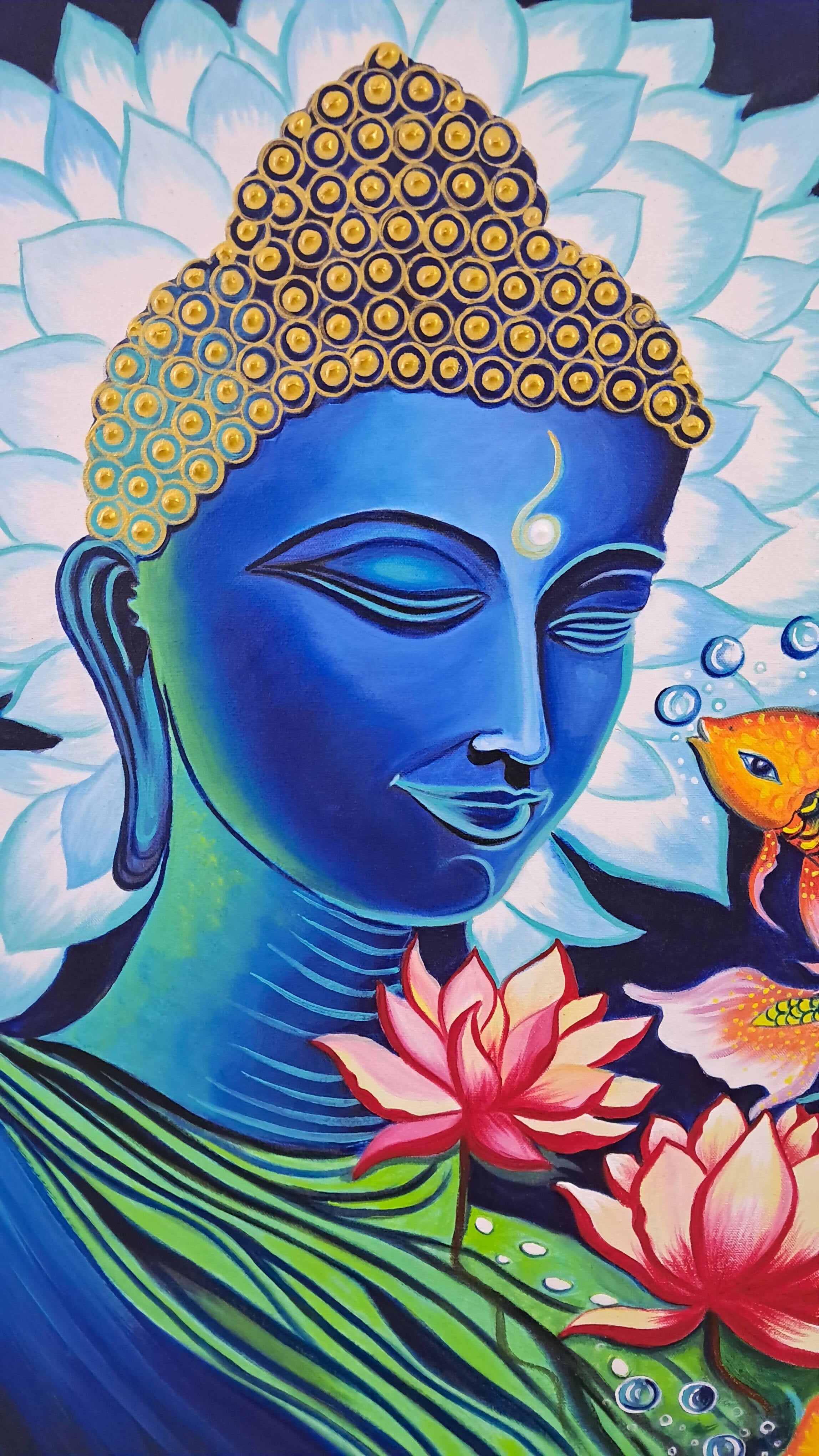 Captivating Lord Buddha Artistry Beneath a Sea of Colorful Fish