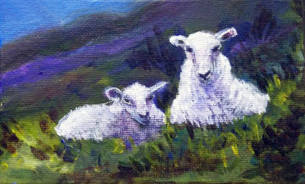 Lambs on hills Miniature painting