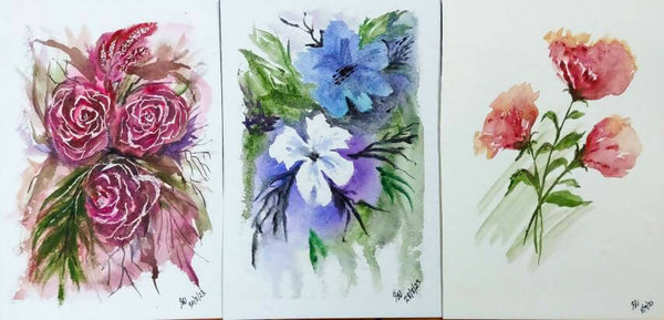 3 floral paintings