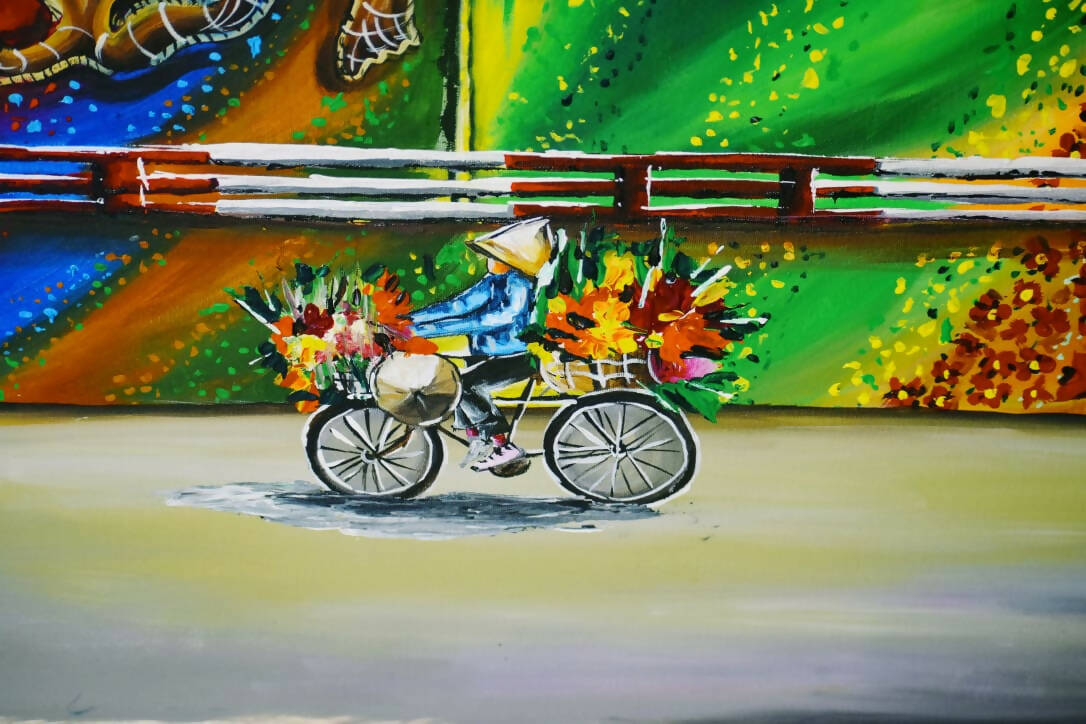 Blooms on Wheels painting cotton canvas cityscape art 32x24 Inches Colorful Wall Art with Flower Seller