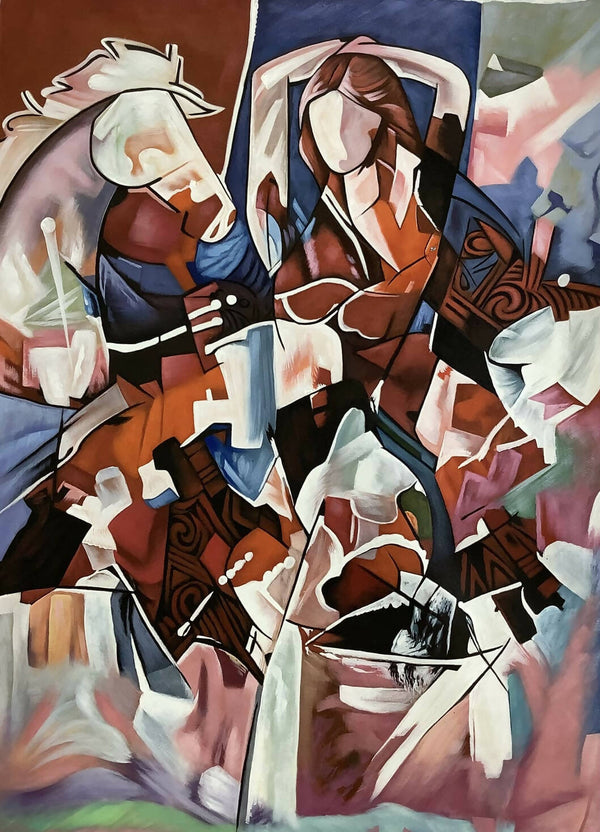 Modern art painting of horses and lady